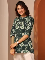 Green Printed Cotton Straight Short Kurti - Image 2