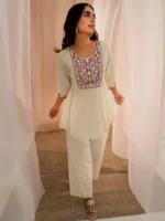Off White Yoke Design Cotton A-Line Kurti - Image 5