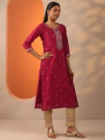 Pink Embroidered Silk Blend Straight Kurta - Image 2